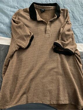 Express Men's Tan Patterned Polo with Black Collar